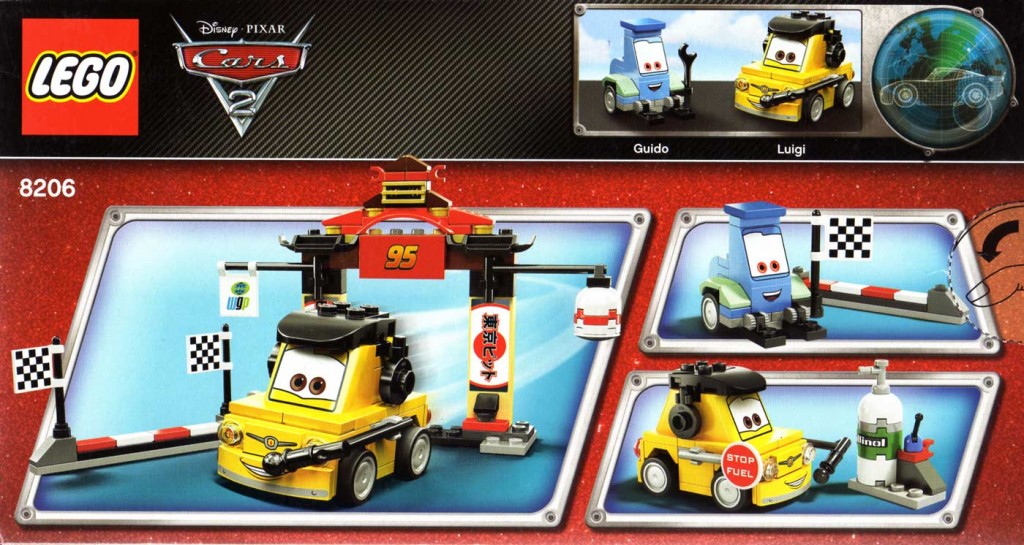 Vue de dos du packaging du Lego 8206 - Guido et Luigi Tokyo Pit Stop (Cars 2)