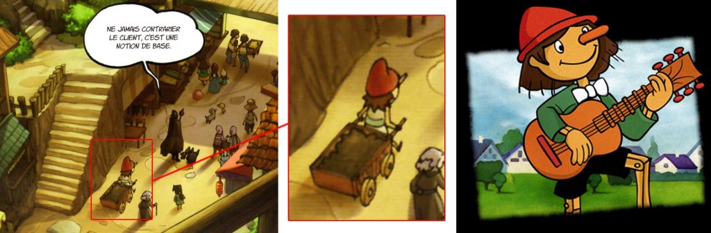 On peut voir de dos le personnage de Pinocchio tiré du dessin animé réalisé par les studios Nippon Animation et Tatsunoko Productions en 1976